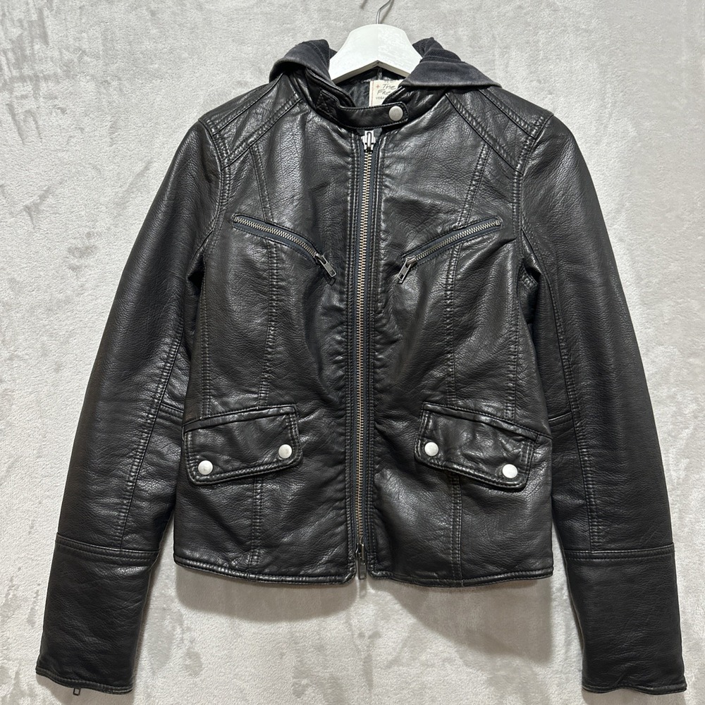 We The Free Womens Monroe Vegan Leather Hooded Biker Jacket Black Size XS